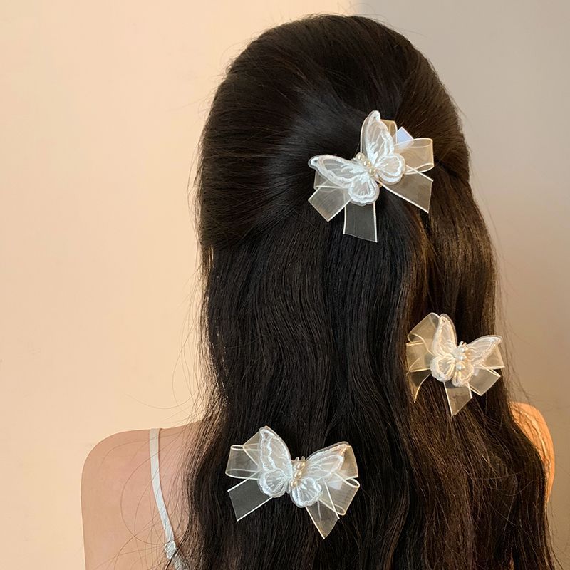 Diadema con mariposas y perlas de malla blanca de Super Fairy para mujer, lazo de hada Mori, tarjetas para el cabello pequeñas, tocados con trenzas laterales_voghion.com
