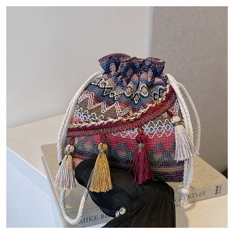Borsa a secchiello da donna, stile etnico, borsa a tracolla con coulisse e nappa, borsa a secchiello da donna_voghion.com
