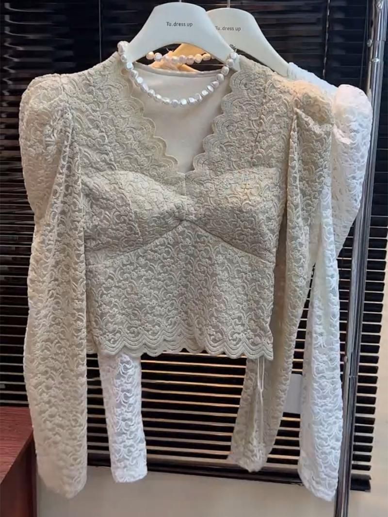 Høst-vinter 2024 børstet og fløyels V-hals hul ut langermet kort blonde dame slim fit topp base skjorte_voghion.com