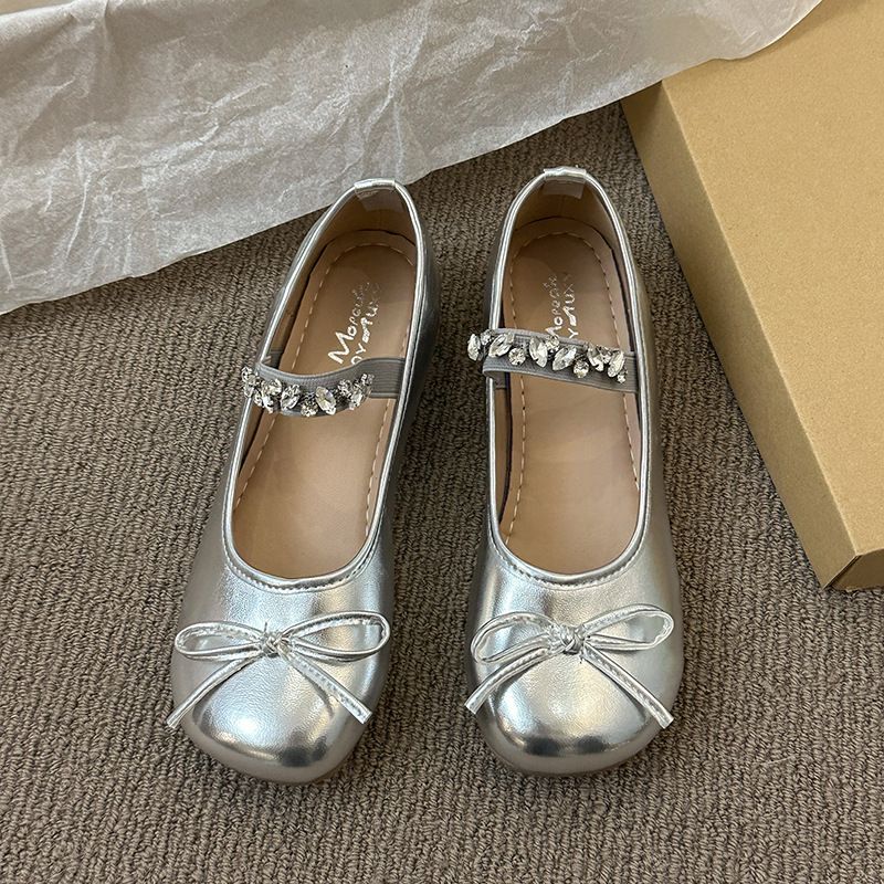 Women's Round Head Cowhide Women's Casual Single Shoes Flat Shoes Low Heel Single Shoes Rhinestone Princess Shoes Evening Shoes_voghion.com
