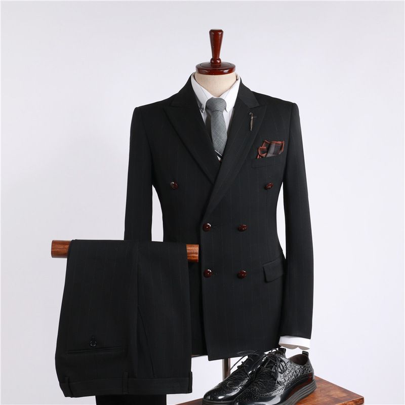 CT Gray Striped Double-Breasted Suit Set For Men, Three-Piece Wedding Suit, Host Professional Formal Performance Outfit_voghion.com