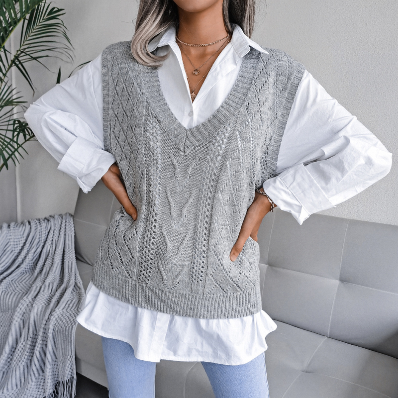 Pull tricoté à col en v pour femme, vêtement style Ins, ajouré et torsadé, collection automne et hiver 2023_voghion.com