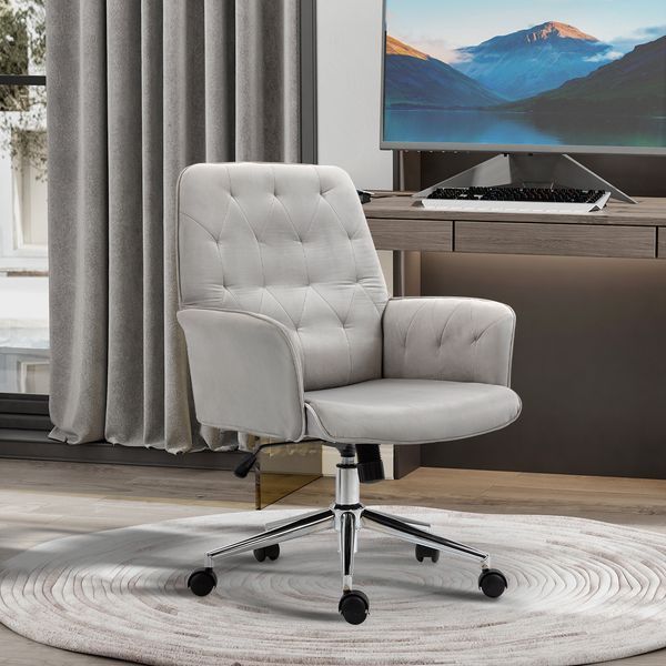Vinsetto Modern Home Office Chair Mid-Back Tufted Linen Fabric Adjustable Light Grey_voghion.com