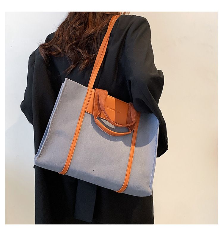 Borse tote da donna, semplici borse tote da donna con colori di tela a contrasto e tracolla singola di grande capacità._voghion.com