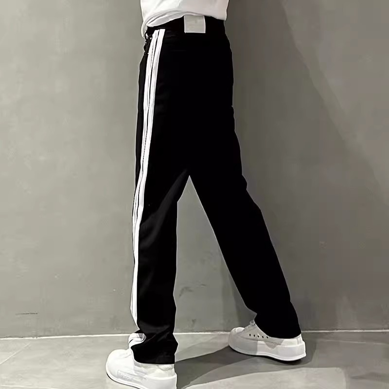 Erkek İnce Tüm Maç Geniş Bacak Pantolon Erkek Çizgili Dikiş Düz Rahat Pantolon Moda Gevşek Beyaz Kot_voghion.com