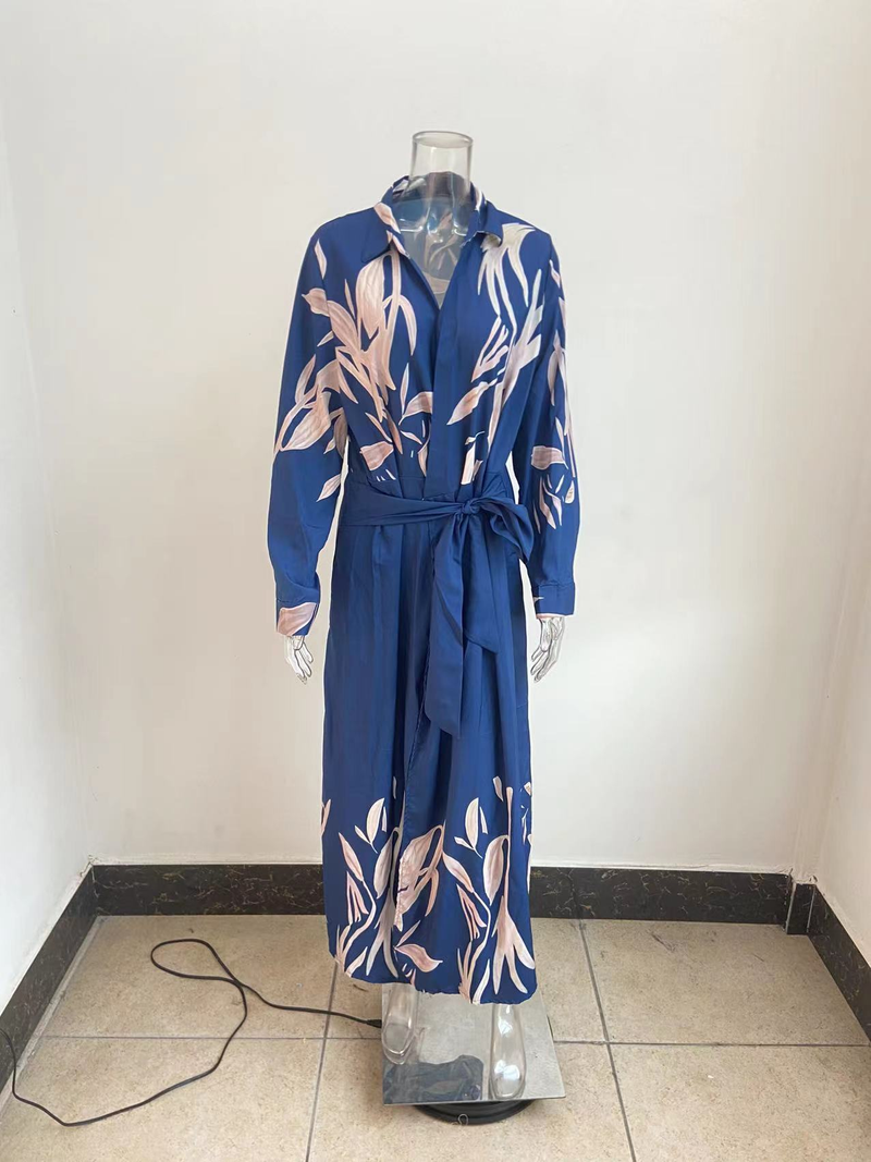 Abito da donna a righe di media lunghezza con stampa alla moda, colletto a camicia, allacciatura_voghion.com