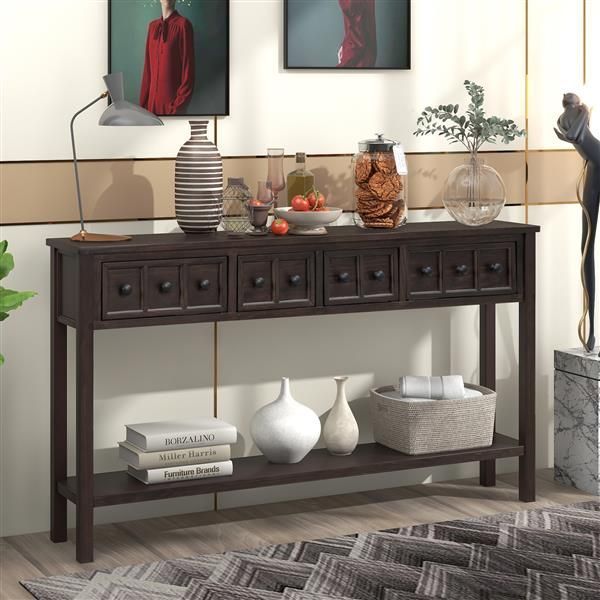 Rustic Entryway Console Table, 60' Long Sofa Table With Two Different Size Drawers And Bottom Shelf For Storage (Espresso)_voghion.com
