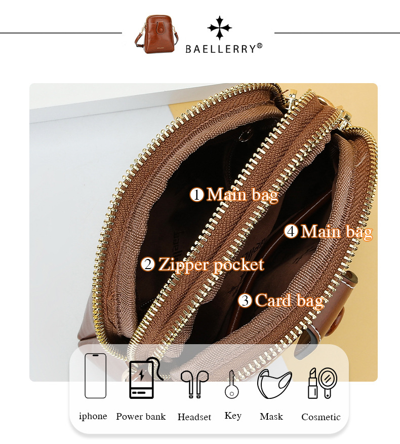 Borsa per cellulare nuova borsa a tracolla con doppia cerniera in pelle cerata da donna Baellerry versatile borsa a tracolla portamonete_voghion.com