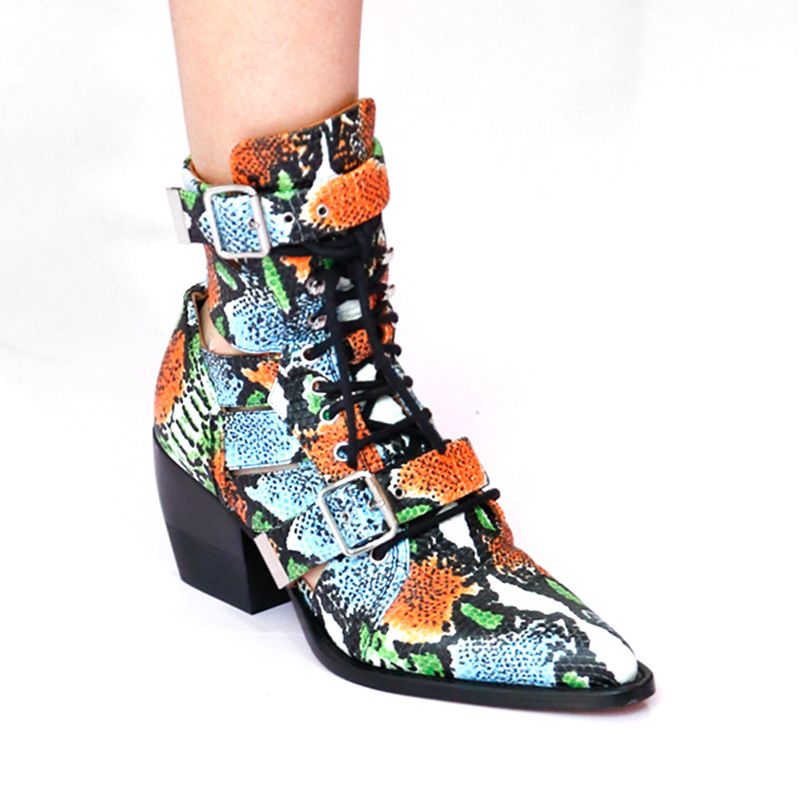 2021 Fashion Show Chunky Heel Hollow Lace-up Genuine Leather Belt Buckle Pointed Toe Ankle Boots Plus Size Shoes_voghion.com