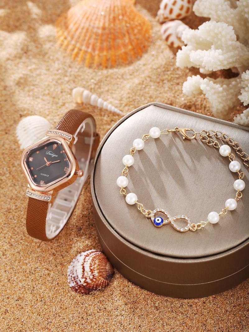 Damenuhr und Schmuckset, zartes süßes quadratisches Zifferblatt, Gürteluhr, Perlenarmband, Legierung, Schmetterlingsschmuckset_voghion.com