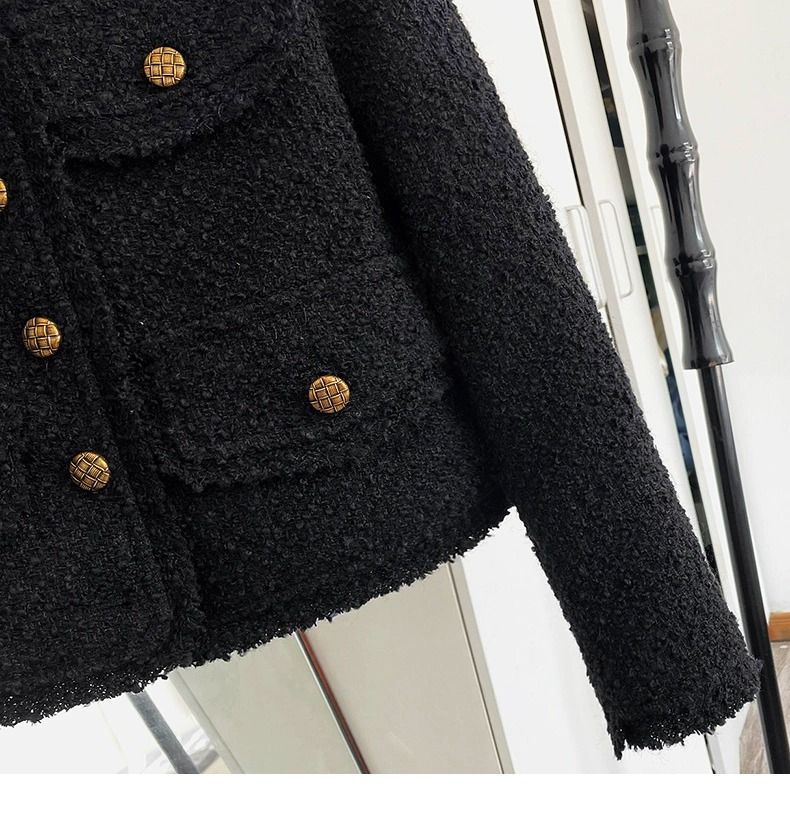 Elegante giacca corta in tweed nero da donna - Blazer corto in stile classico con maniche lunghe, scollo rotondo e bottoni (S/M/L/XL)_voghion.com