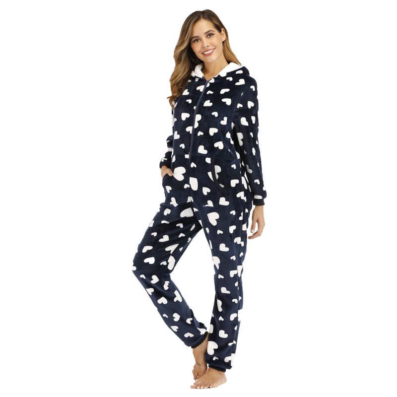 Underwear & Sleepwears Women's Heart Print Flannel Onesie Pajamas - Soft & Cozy Sleepwear For Lounge & Home Comfort (White, Black, Royal Blue, Pink)_voghion.com