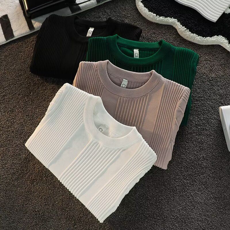 Männerkleeder Kuerzärm Pullover fir Männer am Summer, einfacht an villfältegt Design, gestreift hallefärmlech Ronnhals gestrickt T-Shirt_voghion.com