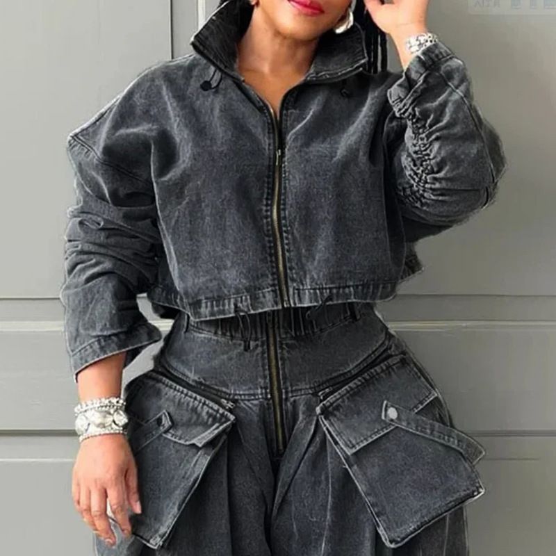 Damen-Oversize-Utility-Jeansjacke – Kurzer & Relaxed Fit (Streetwear, High Waist, Stretch-Baumwollmischung, Frühling/Sommer)_voghion.com