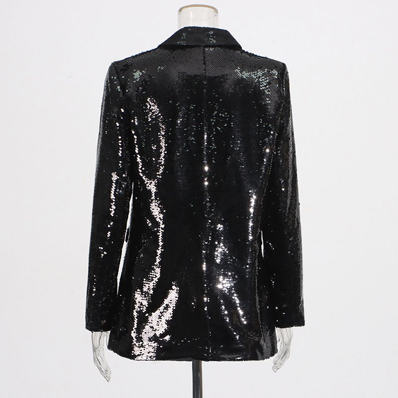 Abbigliamento da donna, design alla moda, piccolo abito con paillettes, elegante blazer con paillettes per donna - giacca da ufficio slim fit con scollo a V e design che stringe la vita_voghion.com