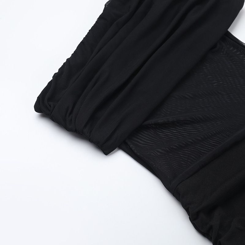 Abito bustier con pannello in rete trasparente e vita arricciata - Gonna midi fluida per donna, abbigliamento casual e per feste estive_voghion.com