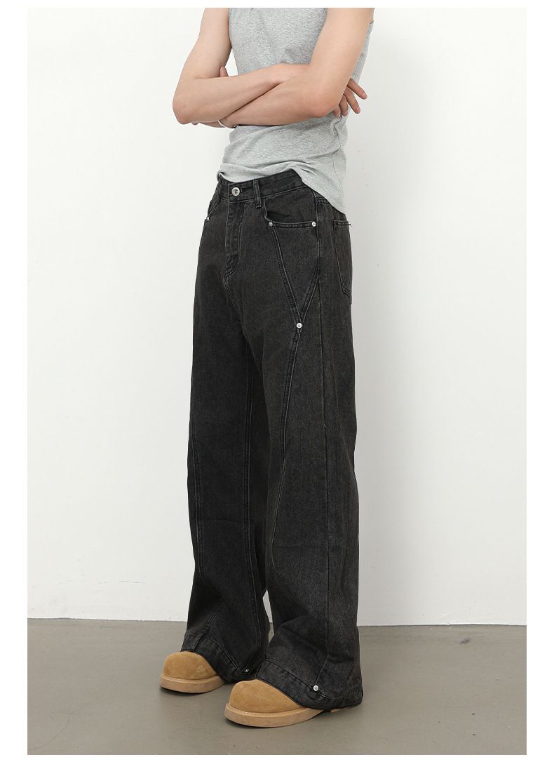 Men's Clothing Trendy Retro Stitching Beaded Jeans Designed Loose Flared Straight Pants_voghion.com