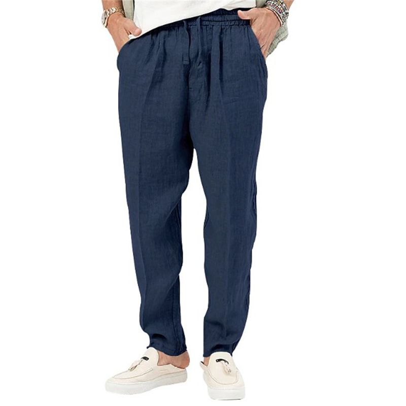 Abbigliamento da uomo Pantaloni da spiaggia in lino da uomo con coulisse in vita elastica Pantaloni casual comodi e traspiranti di tutti i giorni in tinta unita_voghion.com