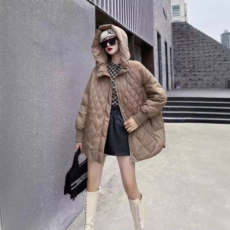 Podzimní/zimní nová korejská módní bunda pro ženy, střední až dlouhé velikosti, volná kapuce s kapucí, bílá kachní péřová bunda Ling Grid_voghion.com