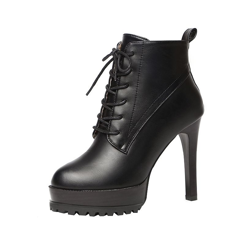 Stivali da donna con punta tonda alla moda, allacciati, neri, Martin, stivali singoli autunnali e invernali, tacchi alti corti e tubolari,_voghion.com