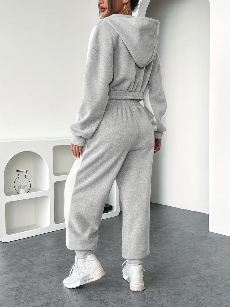 Conjunto de sudadera con capucha extragrande y pantalón deportivo de cintura alta para mujer – Estilo casual color block (Tallas S-XXL, Colores surtidos)_voghion.com