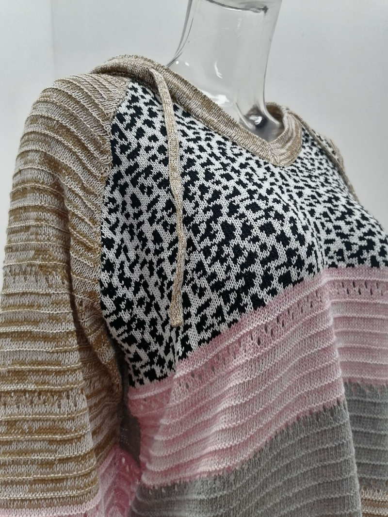 Roupas femininas New Wish Outono e Inverno Listrado Com Capuz Suéter Estampa Leopardo_voghion.com