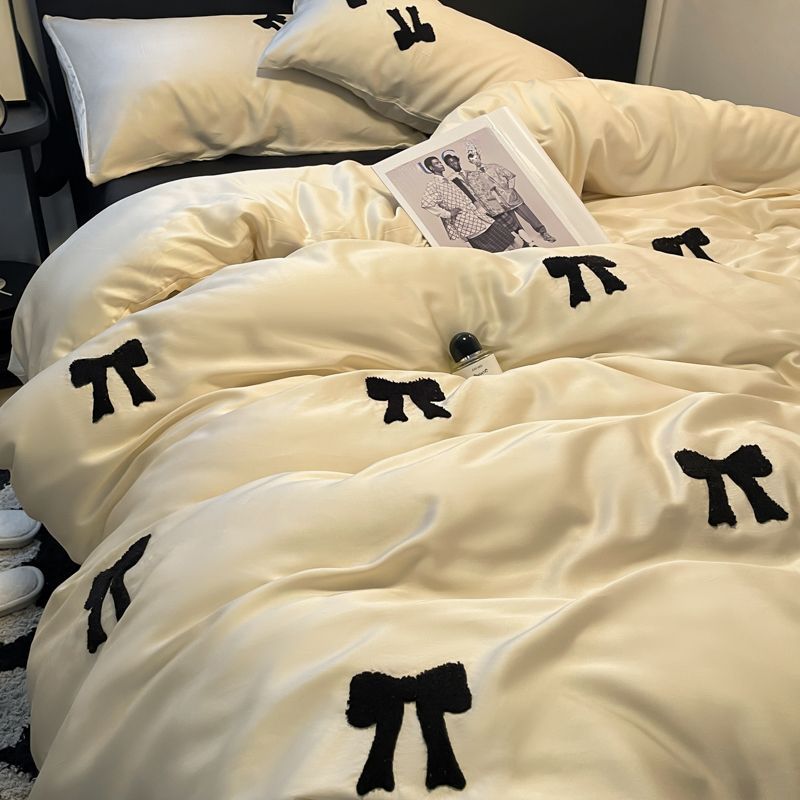 INS Ice Silk Four-Piece Bowknot Towel Embroidered Duvet Cover Female Student Dormitory Bed Sheet Three-Piece Bedding Set_voghion.com