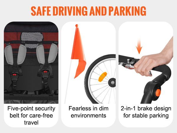 VEVOR Bike Trailer For Toddlers, Kids, Double Seat, 100 Lbs Load, 2-In-1 Canopy Carrier Converts To Stroller, Tow Behind Foldable Child Bicycle Trailer With Universal Bicycle Coupler, Orange And Gray_voghion.com