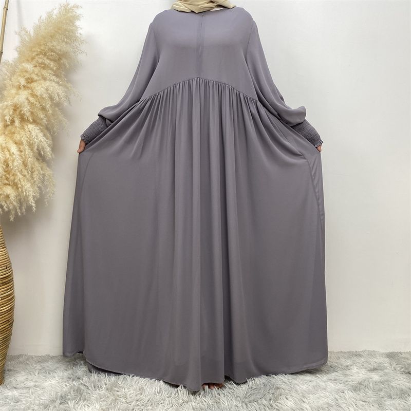 Women's Muslim simple solid color pleated elastic cuffs with front zipper full lining elegant chiffon dress _voghion.com