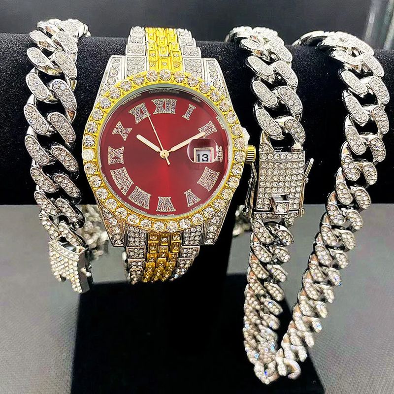 Modehorlogeset met diamanten hiphoparmband en kwartshorloge_voghion.com