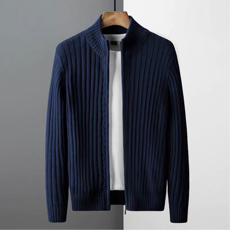 Men's Chunky Knit Cardigan With Zipper - High Collar Casual Sweater For Autumn & Winter, Stretchy & Machine Washable, Trendy Cable Knit Design_voghion.com
