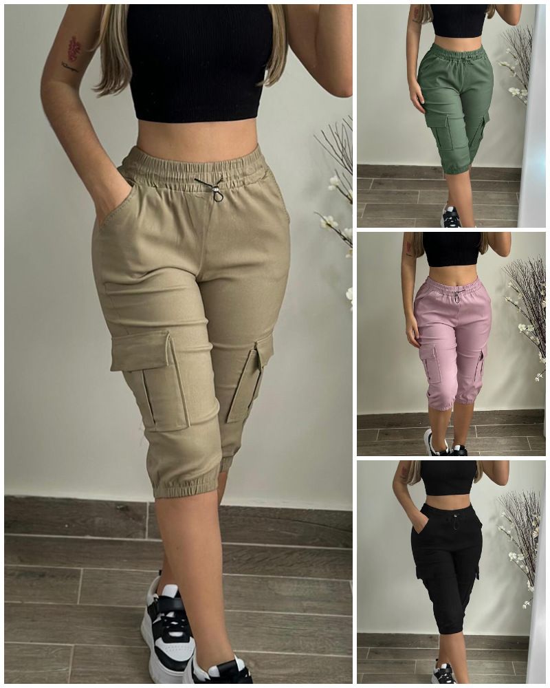 New Tropical Khaki Casual Patch Pocket Elastic Cropped Pants_voghion.com