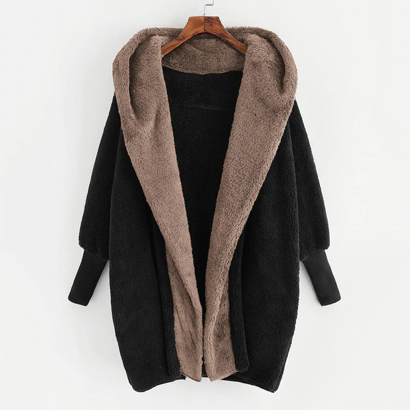 Damjacka med färgblockad lös cardigan med luva i sammet_voghion.com