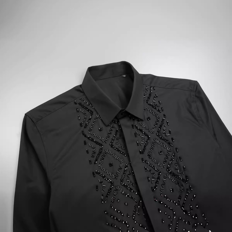 Suitable For All Seasons Handcrafted Black Elegant Geometric Metal Beaded Stitched Men's Long Sleeve Light Design Shirt_voghion.com