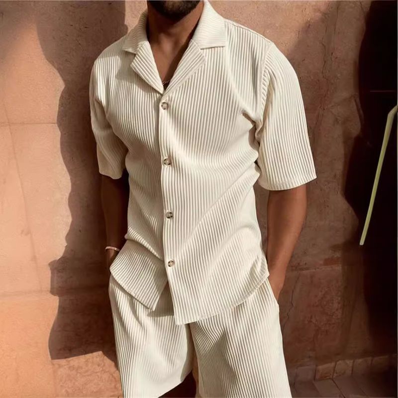 Nuovo set da allenamento per corsa, pantaloncini e maglietta sportiva da uomo in velluto a coste casual con risvolto_voghion.com