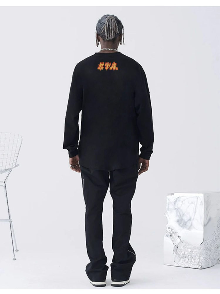 Herrenbekleidung Hipster Flame Letters Langarm T-Shirt Herren Retro High Street schwere Baumwolle Paar Top_voghion.com
