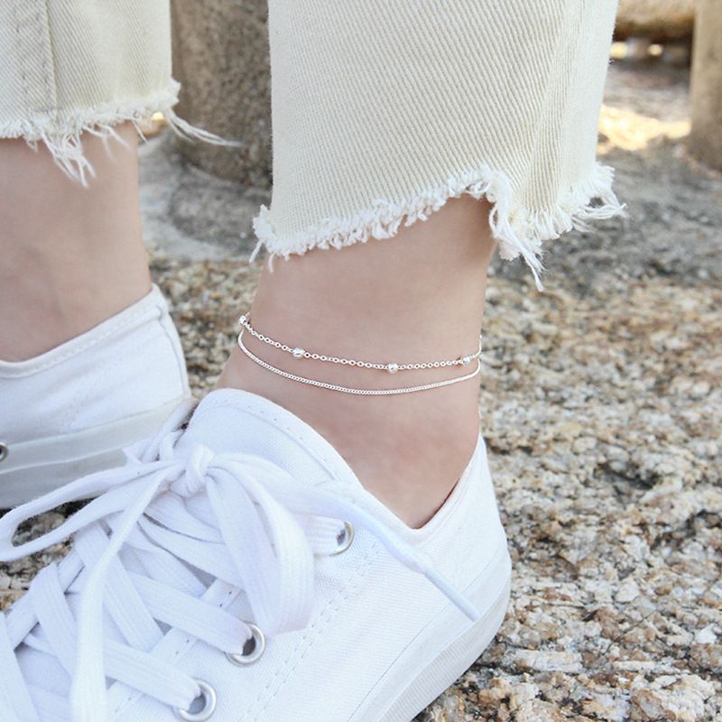366 Korean Version Student Girl Elegant Personality Simple Versatile Beaded Double Layer S Pure Silver Anklet Chain_voghion.com
