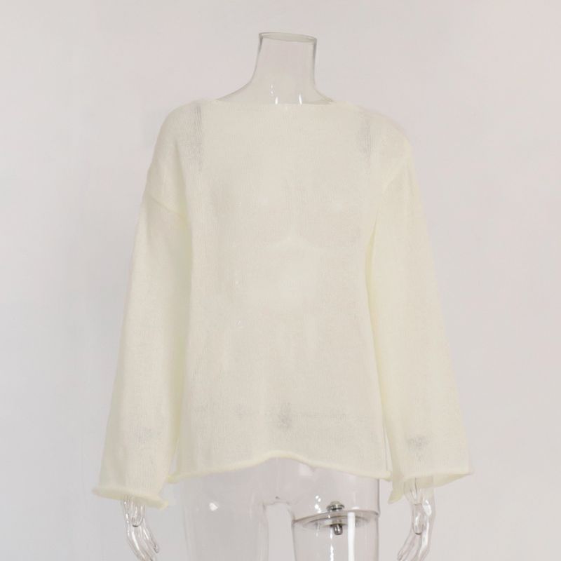 Abbigliamento da donna, maglia in pizzo trasparente, manica lunga, oversize, scollo rotondo, camicetta con maniche a campana, maglietta leggera autunnale boho chic_voghion.com