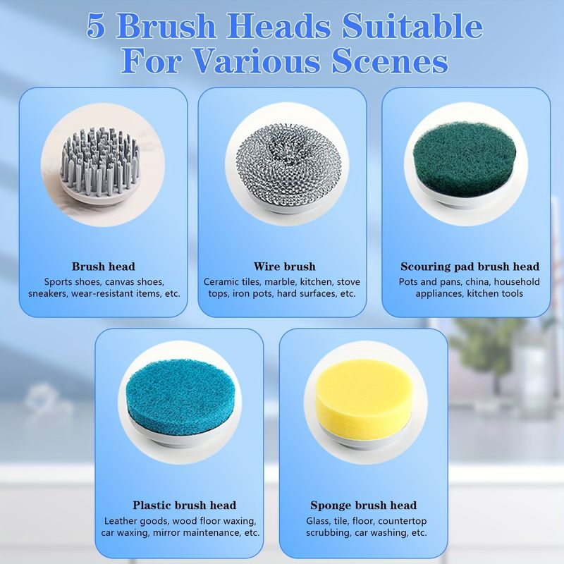 Electric Spin Shower Scrubber - 5 Replaceable Brush Heads 3-Speed Rechargeable Cleaner_voghion.com