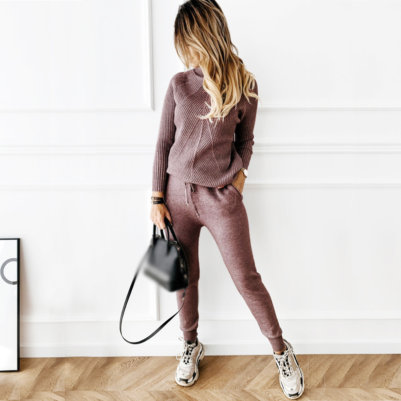 Γυναικεία ρούχα Turtleneck μονόχρωμη μοντέρνα μπλούζα + παντελόνι και πουλόβερ για γυναίκες_voghion.com