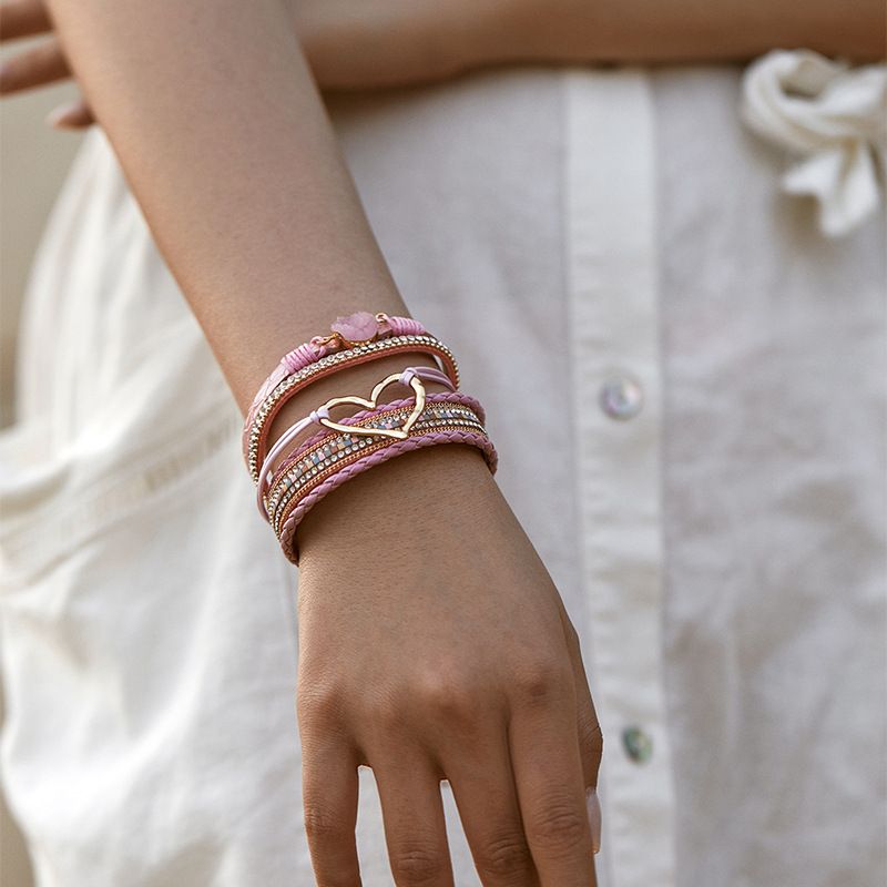 Set di bracciali a strati bohémien - Bracciale rigido regolabile a cuore aperto e catena con perline_voghion.com