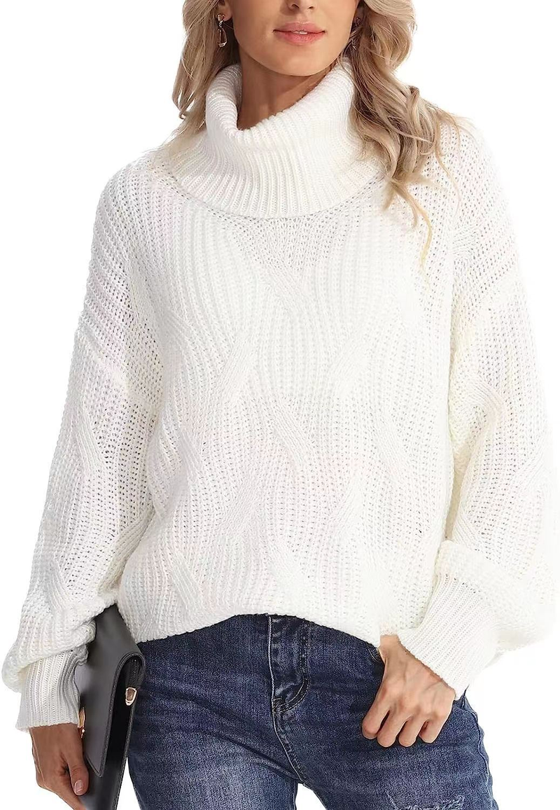 Pull tricoté à col roulé et manches longues pour femme, ample, à la mode_voghion.com