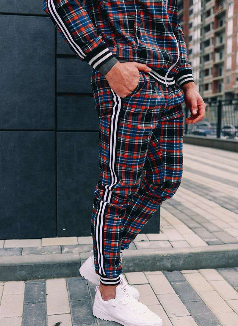 Männerkleeder nei Hierscht Casual Männerkleeder europäesch an amerikanesch Männer Sportanzug Kariert Reißverschluss Hemdjackett an Hosen zwee Stécker_voghion.com