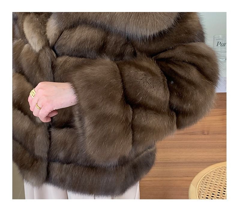 Luxuriöser Kunstnerzmantel mit Sternenmuster - Kurze Winterjacke für Damen, Reverskragen, eleganter Kunstpelzmantel in Kastanienbraun_voghion.com