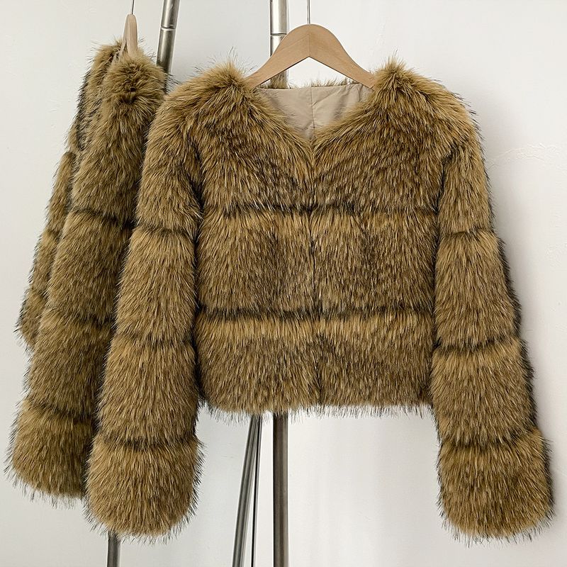 Damenbekleidung Damen Kunstwaschbärpelzmantel Kurze Winterjacke Warme, flauschige Oberbekleidung Rundhals Verdickter Kunstpelzmantel_voghion.com