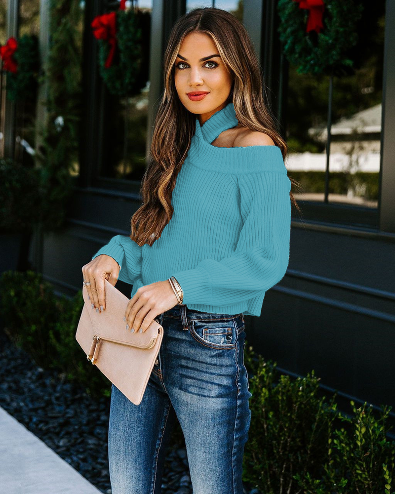 Vrouwen forens OL grote maat sexy off-the-shoulder effen kleur slim-fit gebreide trui vrouwelijk_voghion.com