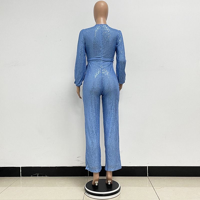 Damkläder Ins Style Deep V Mode Casual Jumpsuit Långärmat Bälte Paljett Jumpsuit Dam_voghion.com