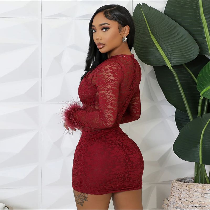 Robe moulante sensuelle en dentelle et plumes pour femme – Design ajouré séduisant (S-XL)_voghion.com