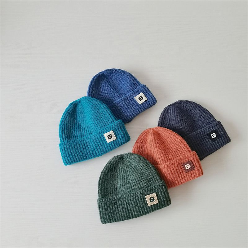Børnehuer Strikket hue til børn efterår og vinter nyt uldgarn enkelt ensfarvet bogstav uldhue varm pullover hat_voghion.com