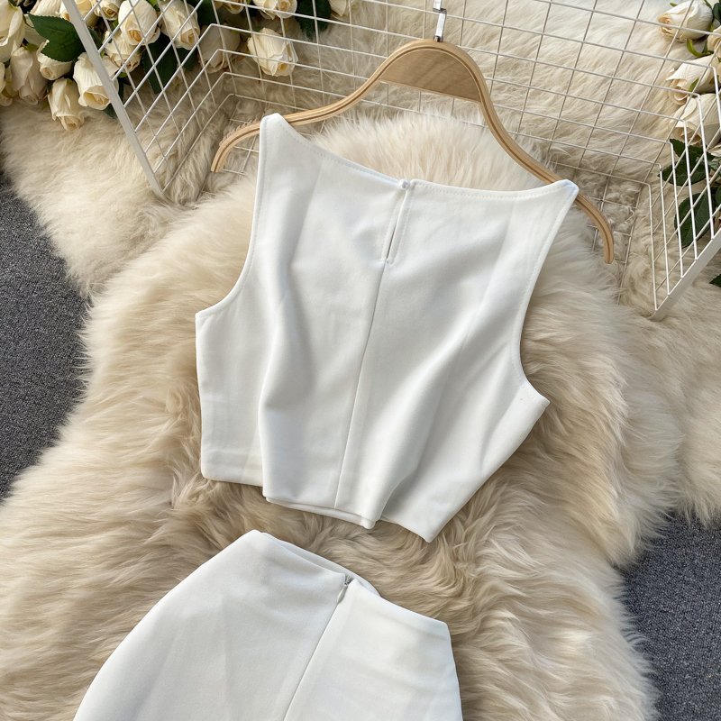 Ensemble de vêtements pour femmes, couleur unie, col rond, gilet, haut court, taille haute, hanche, jupe mi-longue, ensemble deux pièces pour femmes_voghion.com